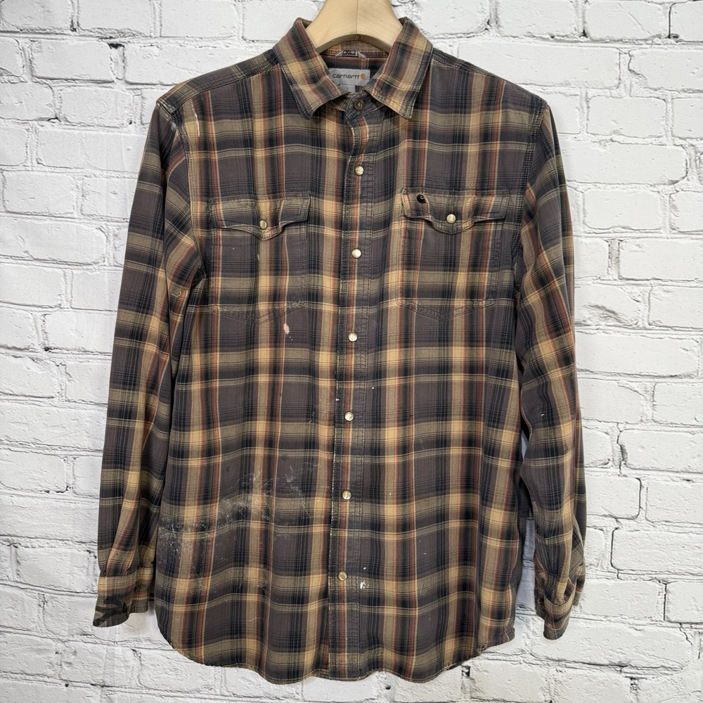 Carhartt Men's Relaxed Fit‎ Snap Front Plaid Flannel Shirt L Distressed Y2k Fade